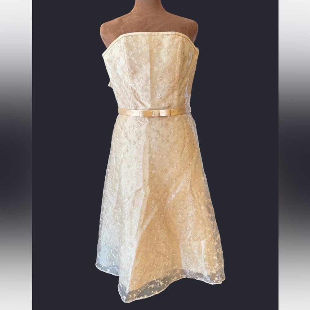 VTG Jessica McClintock Strapless Cream Tellow Formal Dress with Gold Accents